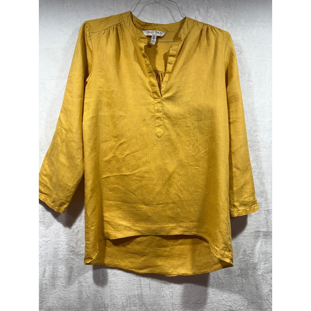 Ellen Tracy Linen Tunic Top Mustard Yellow Roll Tab Sleeve Split Neck Womens‎ M